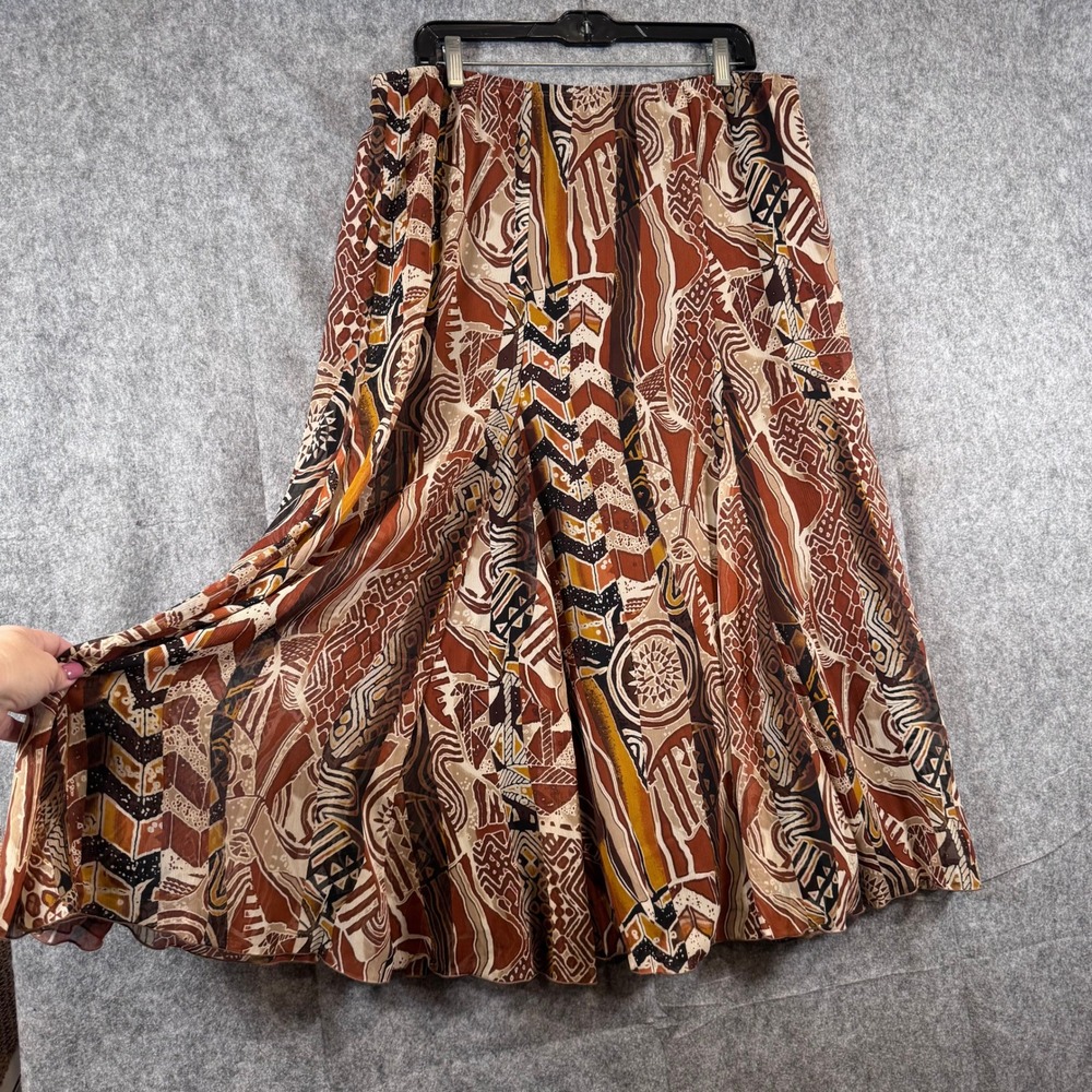 Vtg Maxi Tribal Pleated Skirt Womens 16 Chiffon Brown Forest Fairy Whimsigoth